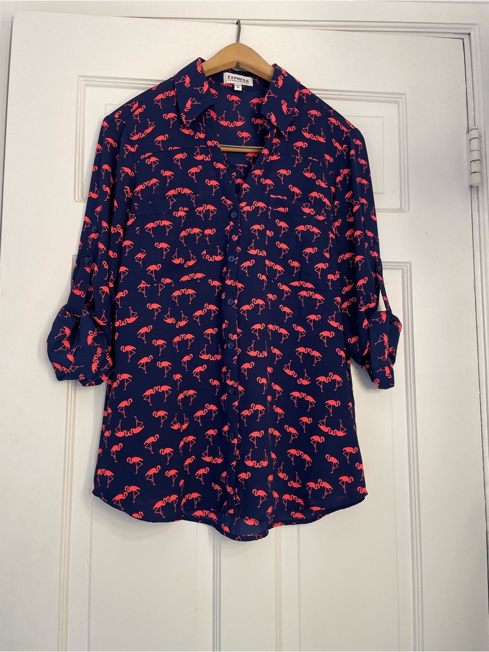 Express Navy Button-Down Shirt with Pink Flamingo Print